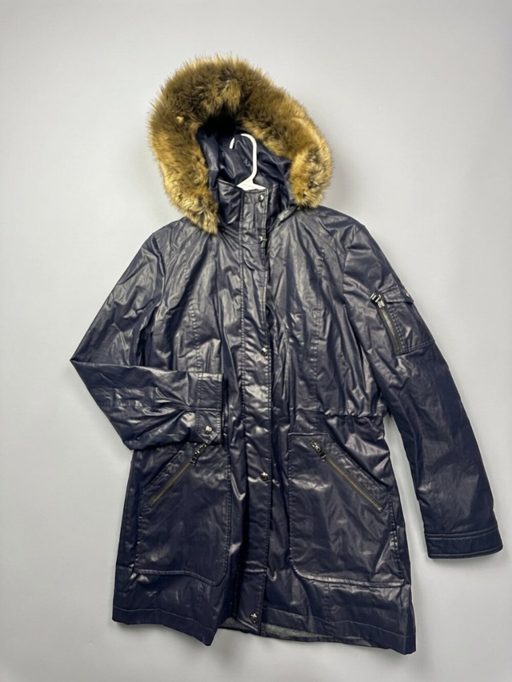 Calvin Klein Hooded Water‑Resistant Winter Parka Women's L Black Mid‑Length Zip